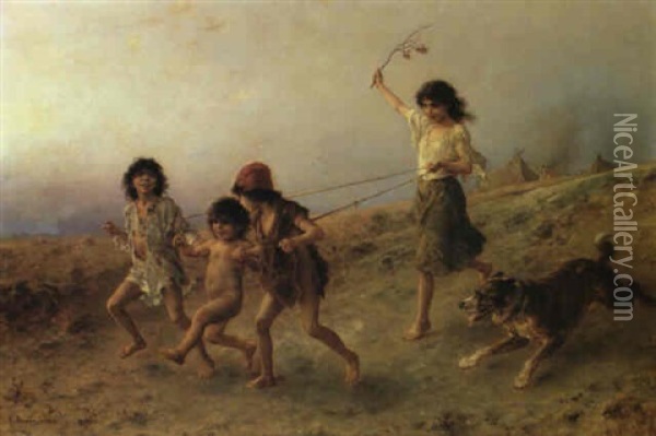 Vier Spielende Zigeunerkinder Mit Einem Hund, Im            Hintergrund Zelte Oil Painting - Ludwig Knaus