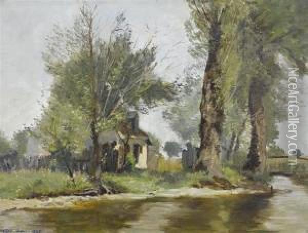River Landscape With House Oil Painting - Carl Theodor Meyer