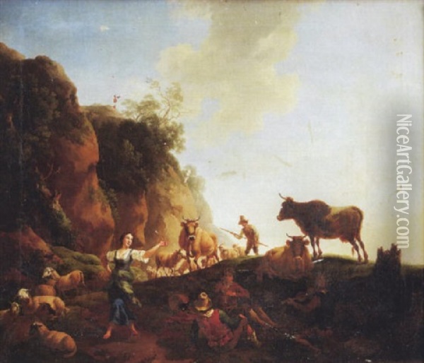 Sudliche Landschaft Mit Hirten Und Ihrem Vieh Oil Painting - Christian Wilhelm Ernst Dietrich