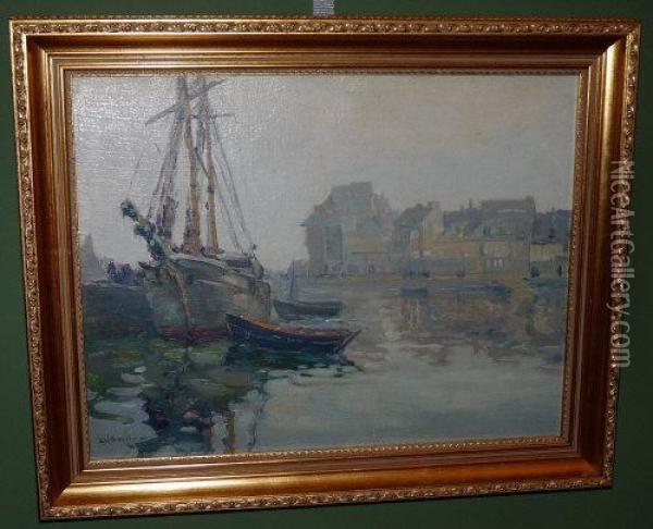 Boats In A Harbour. Oil Painting - Augustus William Enness