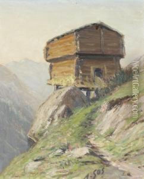 Walliser Stadel Am Steilhang Oil Painting - Albert H. Gos