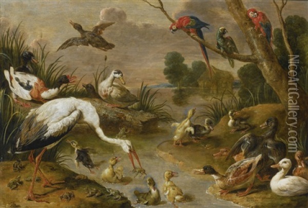 Birds, Including Ducks, Parrots And A Heron, In An Extensive Landscape Oil Painting - Adriaen van Utrecht