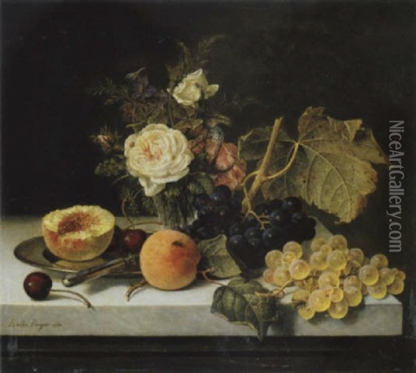 Blumen Und Fruchtestilleben Mit Halbiertem Pfirsich Oil Painting - Emilie Preyer