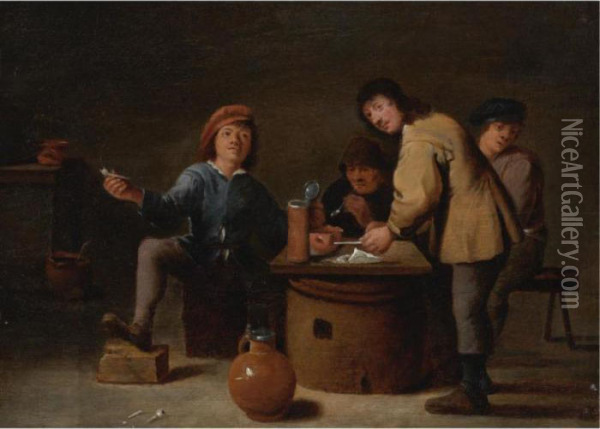 Interior With Smokers Around A Table Oil Painting - David The Younger Teniers