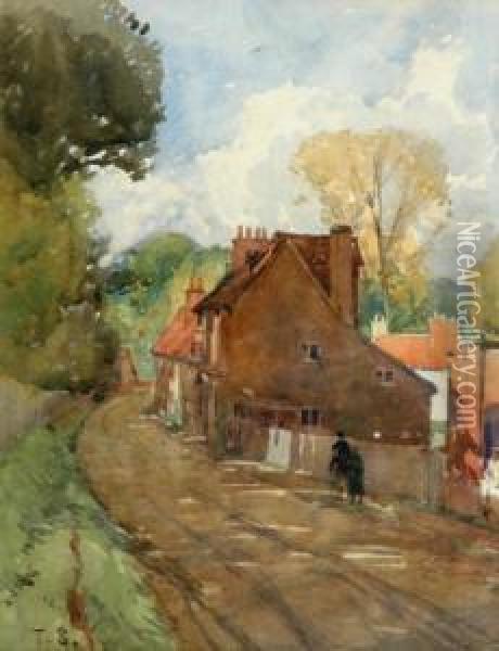 Village Street At Woodman Stearn, Near Banstead Surrey Oil Painting - Tom Scott