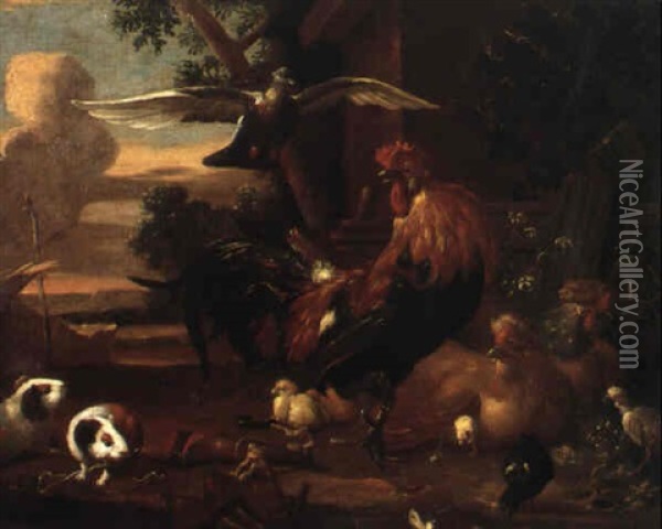 Rooster, Guinea Pigs And Wild Fowl In A Landscape Oil Painting - Melchior de Hondecoeter