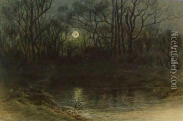 A Woodland Pool By Moonlight Oil Painting - Myles Birket Foster
