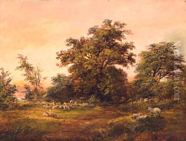 Sheep grazing at the Edge of a Copse Oil Painting - Robert Burrows