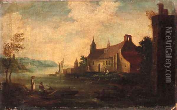 Peasants by a Church beside a River Oil Painting - Dutch School