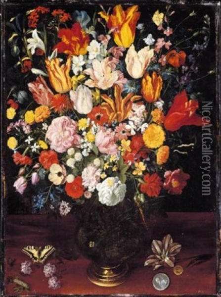 A Still Life Of Tulips, Pink Peonies And Other Flowers In A Vase Resting On A Wooden Surface With A Caterpillar A Butterfly And Coins Oil Painting - Gaspar van den Hoecke