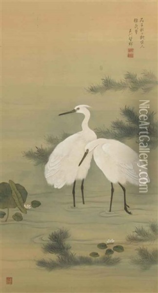 Two Herons In A Stream With Lotus Oil Painting - Gyokusen Mochizuki