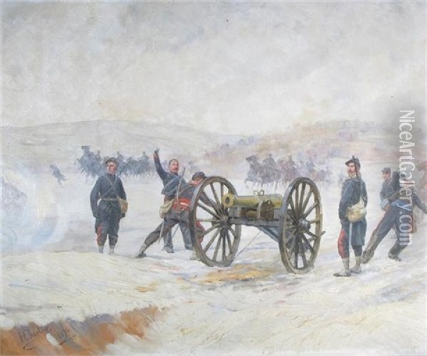 French Soldiers With Canon Oil Painting - Henri-Georges-Jacques Chartier