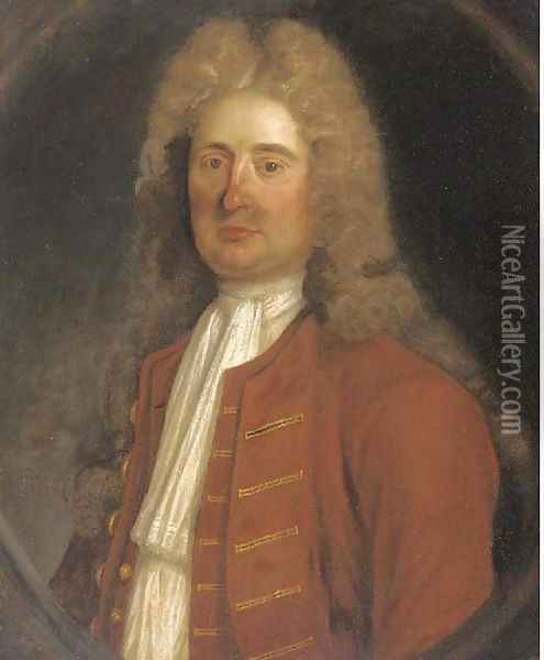 Portrait of a gentleman, bust-length, in a brown jacket Oil Painting - English School