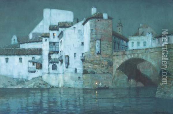 A Spanish Riverside Town By Moonlight Oil Painting - Albert Moulton Foweraker