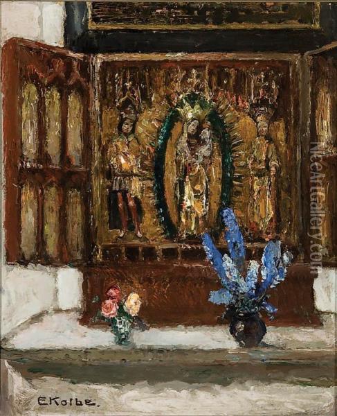 Still Life Of A Carved Marian Altar Triptych With Flower Oil Painting - Ernst Kolbe