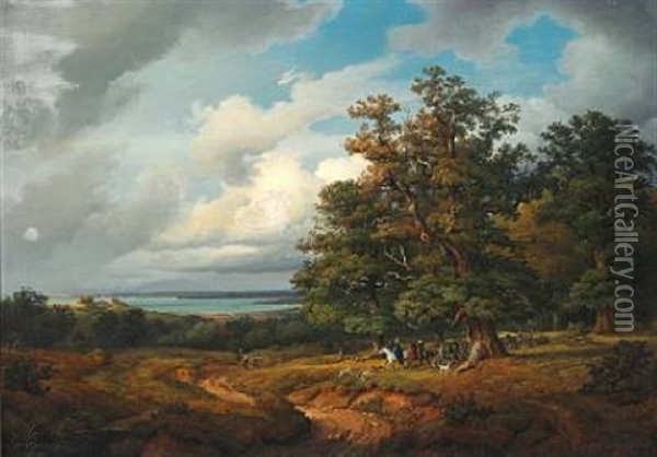 Landscape With A Hunting Party Oil Painting - Georg Heinrich Crola