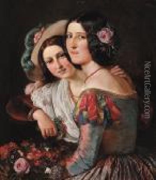 Two Italian Girls In Colourful Dresses Oil Painting - Anna Maria Elisabeth Jerichau-Baumann