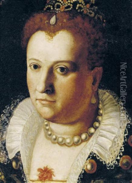 Portrait Of A Noblewoman, Bust-length, With A Pearl Necklace And Ajeweled Headdress Oil Painting - Bernardino Campi