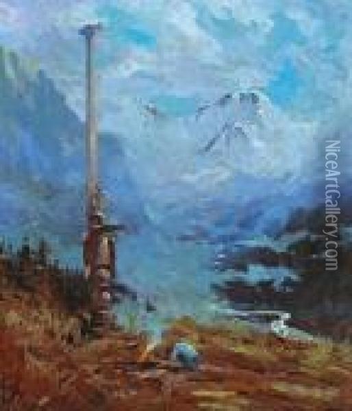 A Totem Pole With Mt. Mckinley In The Distance Oil Painting - Sidney Laurence