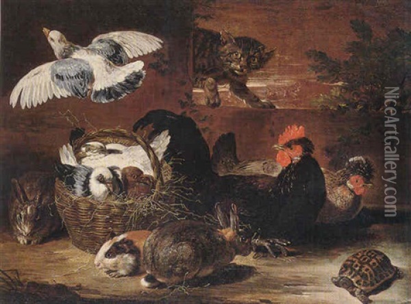 A Farmyard Scene With A Cat Surprising Pigeons In A Wicker Basket, Hens, Rabbits, A Guinea Pig And A Tortoise Oil Painting - David de Coninck