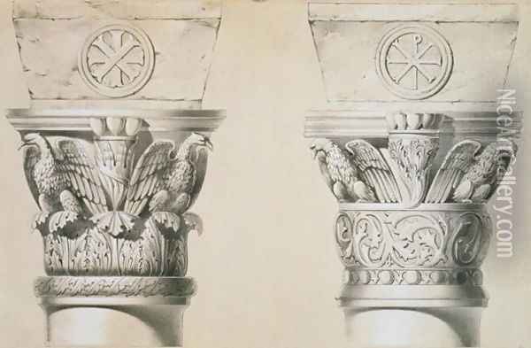 Byzantine capitals from columns in the nave of the church of St. Demetrius in Thessalonica, pub. by Day & Son 2 Oil Painting - Texier, Charles Felix Marie