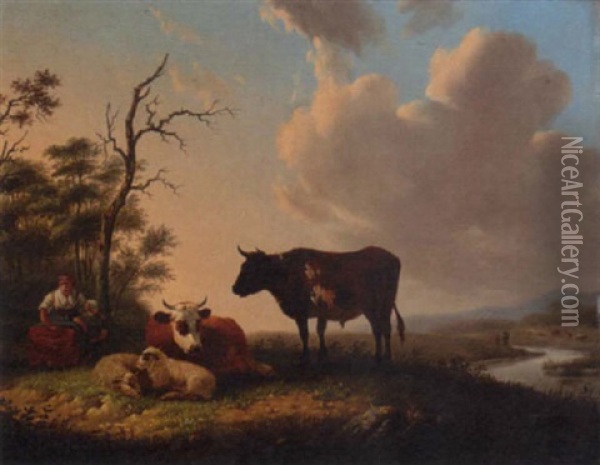 A Sheperdess And Her Daughter Tending Cattle In A River Landscape Oil Painting - Matthijs Quispel