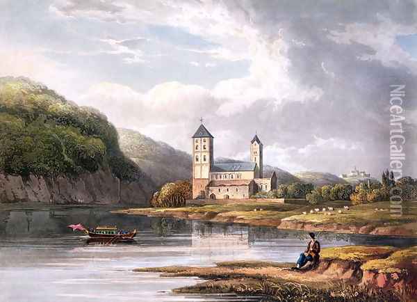 The Church of Johannes at the influx of the Lahn, engraved by T. Sutherland, from A Picturesque Tour along the Rhine, from Mentz to Cologne, published by R. Ackermann, London, 1819 Oil Painting - Christian Georg II Schutz or Schuz