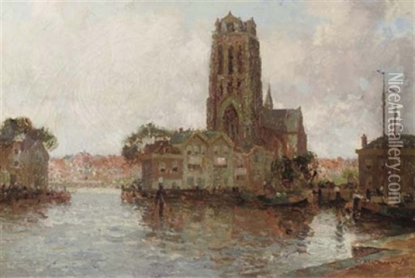 The Onze Lieve Vrouwekerk, Dordrecht, Seen From Across The Water Oil Painting - Gerard Delfgaauw