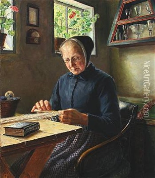 Country Style Interior With Knitting Woman Oil Painting - Holga Elise Amalie Reinhard