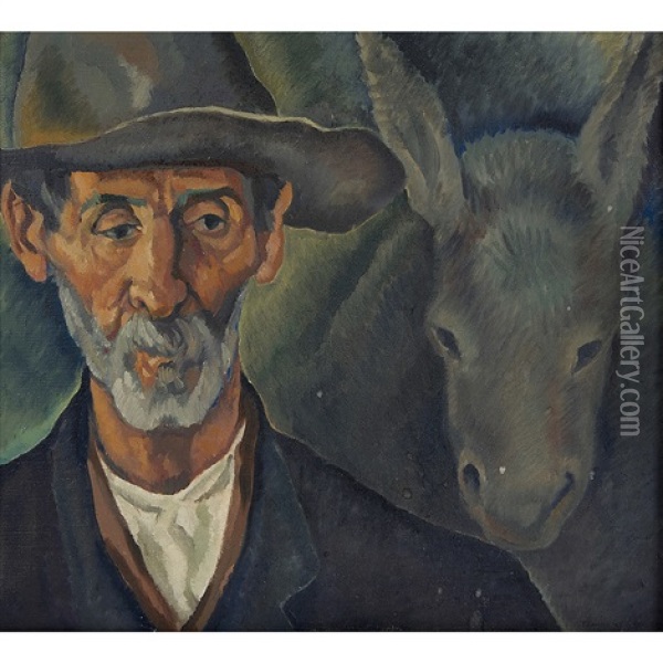 Man And Donkey Oil Painting - Todros Geller