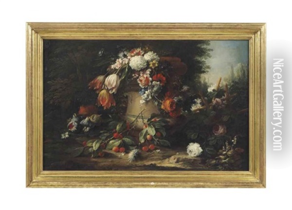Flowers In A Stone Urn On A Garden Floor Oil Painting - Andrea Belvedere
