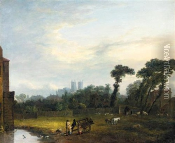 View Across Fields Looking Towards Westminster Abbey Oil Painting - John Inigo Richards