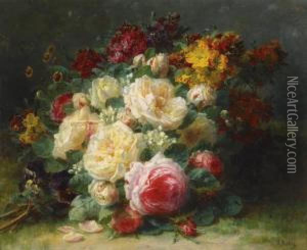 A Bouquet Of Cabbage Roses Oil Painting - Jean-Baptiste Robie