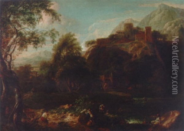 An Italianate Landscape With Bathers At A Pool, A Hilltop Village Beyond Oil Painting - Jan Frans van Bloemen