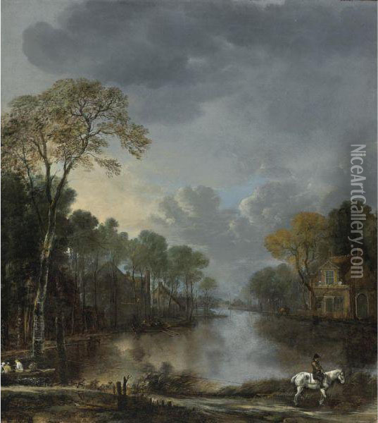 Scene At Dusk With A Horseman Pulling A Boat Along A Canal Oil Painting - Aert van der Neer