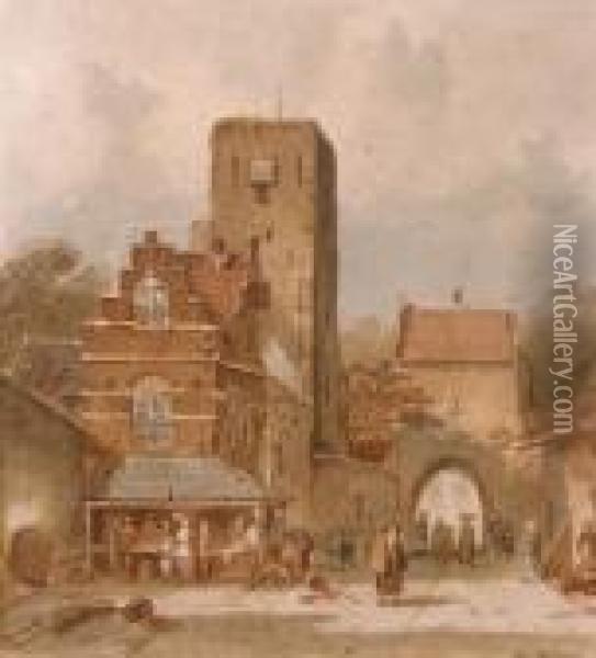 Towngate With Figures Oil Painting - Charles Henri Leickert
