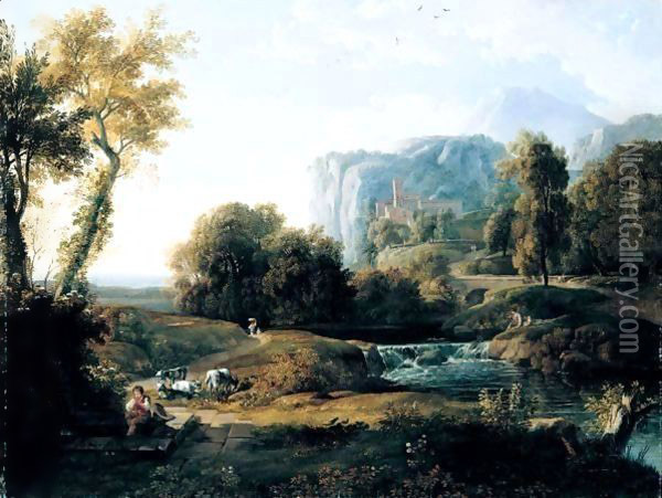 An Italianate Landscape With A Shepherd And Fishermen By A Stream Beyond Oil Painting - Nicolas-Didier Boguet