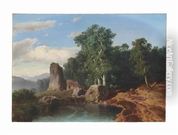 Mountain Landscape With Ruins Oil Painting - Louis Remy Mignot