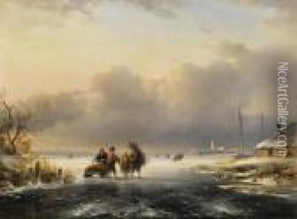 Winterliche Fluslandschaft Mit Schlittschuhlaufern Im Hintergrundstadtansicht. Oil Painting - Charles Henri Leickert