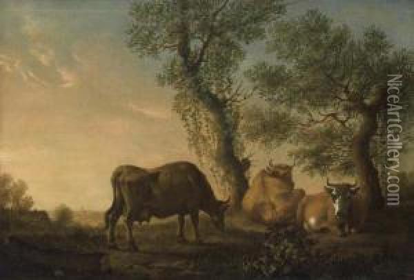 Cows At Pasture. Oil Painting - Cornelis van Lelienbergh