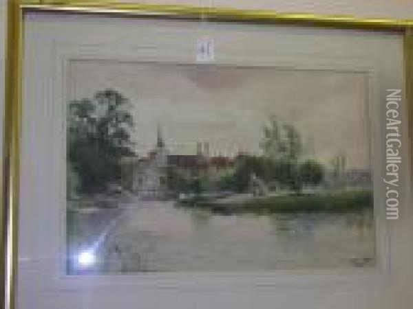 The Swan At Thames Ditton, Signed And Dated '97, Watercolour Oil Painting - Henry Charles Fox