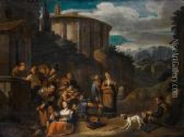 Pilgrims Receiving Alms Before A Temple Oil Painting - Johannes Lingelbach