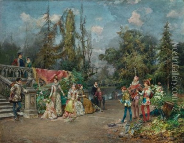 Venetian Court, Minstrel Scene Oil Painting - Cesare Auguste Detti