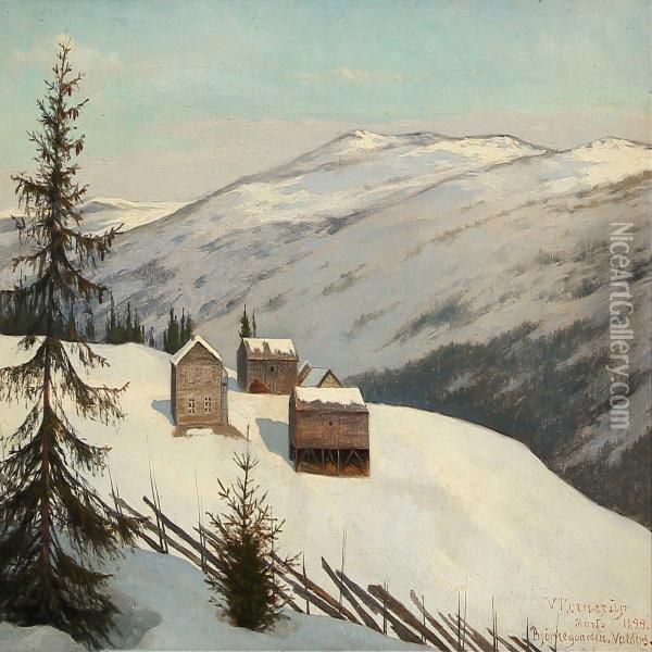 Winter Day At Bjornegaarden Farm In Tonsaasen, Norway Oil Painting - Valdemar Kornerup