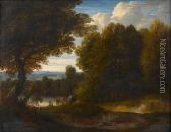 An Italianate Landscape With A Drover And His Cattle Beside A River Oil Painting - Jaques D'Arthois
