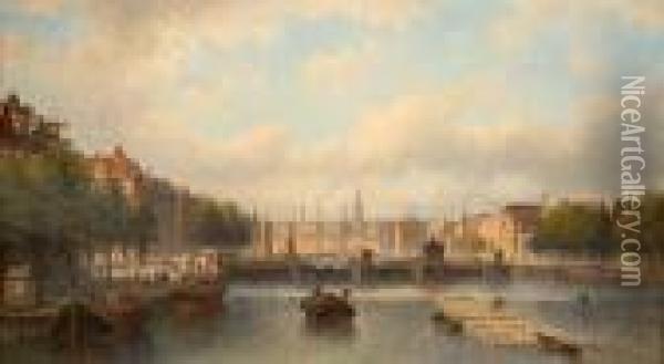 The River Amstel With The Magere Brug In The Distance, Amsterdam Oil Painting - Eduard Alexander Hilverdink
