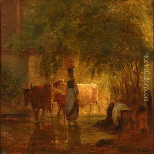 Country Girl Withcows Oil Painting - Wilhelm Zillen