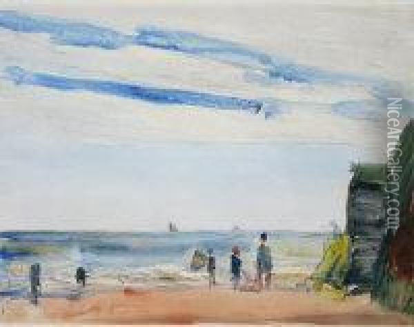 Study Of Figures In Deck Chairs Looking Out To Sea From The Beach, Boat In The Background Oil Painting - Robert G.D. Alexander