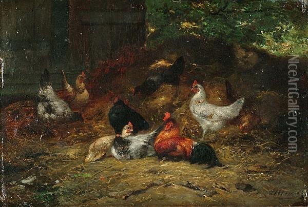 Cockerels And Hens In A Farmyard Oil Painting - Eugene Remy Maes
