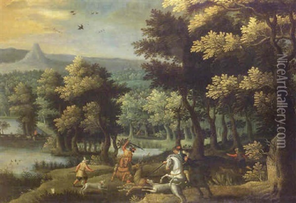 La Chasse Aux Cerfs Dans Un Paysage Boise Oil Painting - Marten Ryckaert